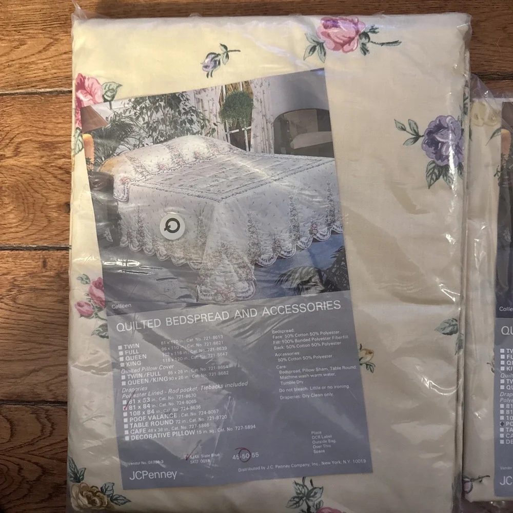 Vtg Floral Drapery Drape Panels (2) 81x84 & Poof Valance Yellow Blue Scalloped
